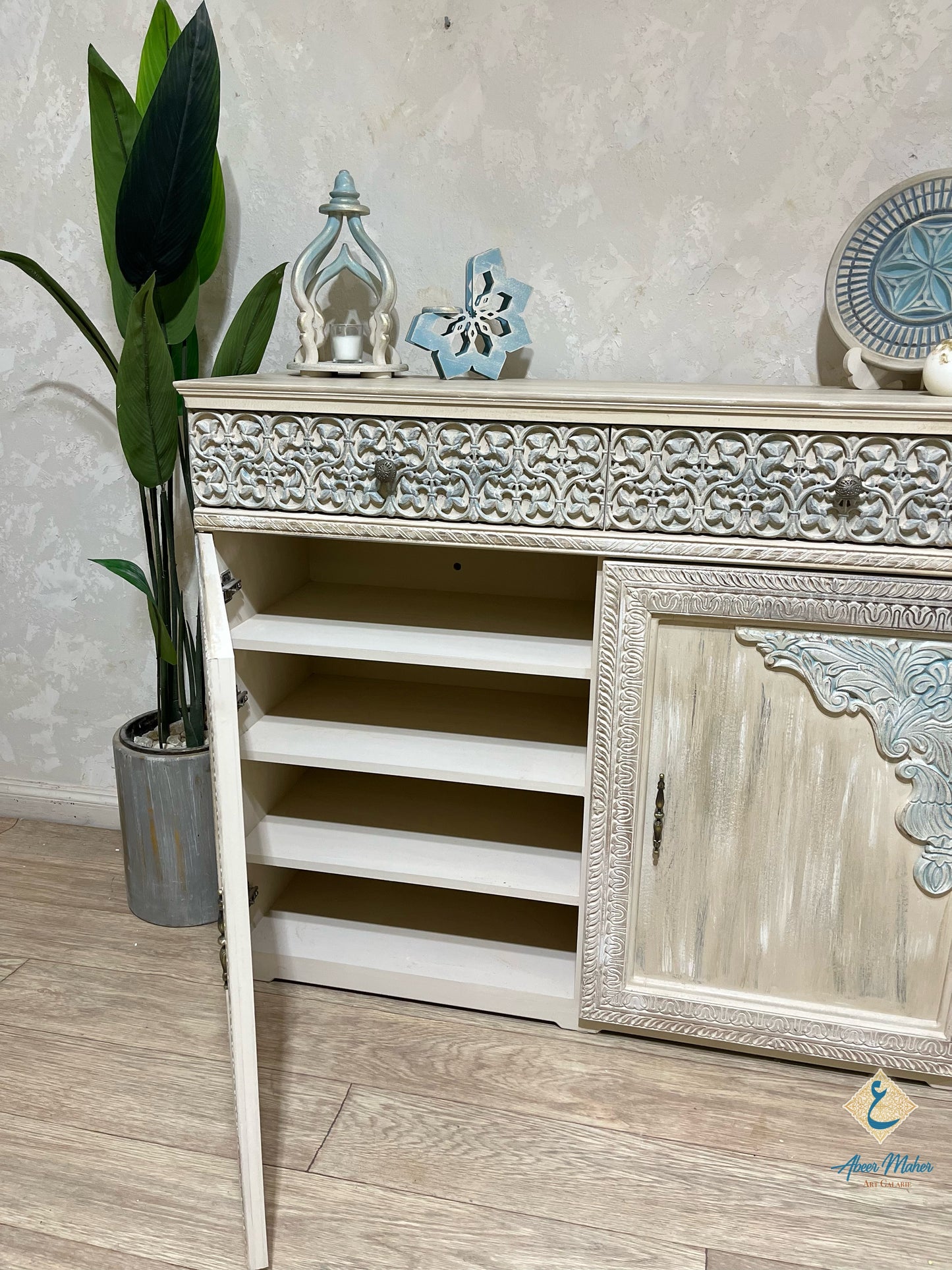 Multi-Purpose Cabinet with Decorative Wall Art