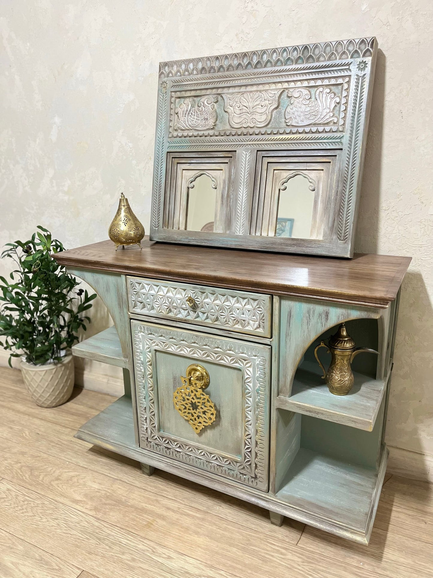 Elegant Console with Brass Accent and Oriental Charm