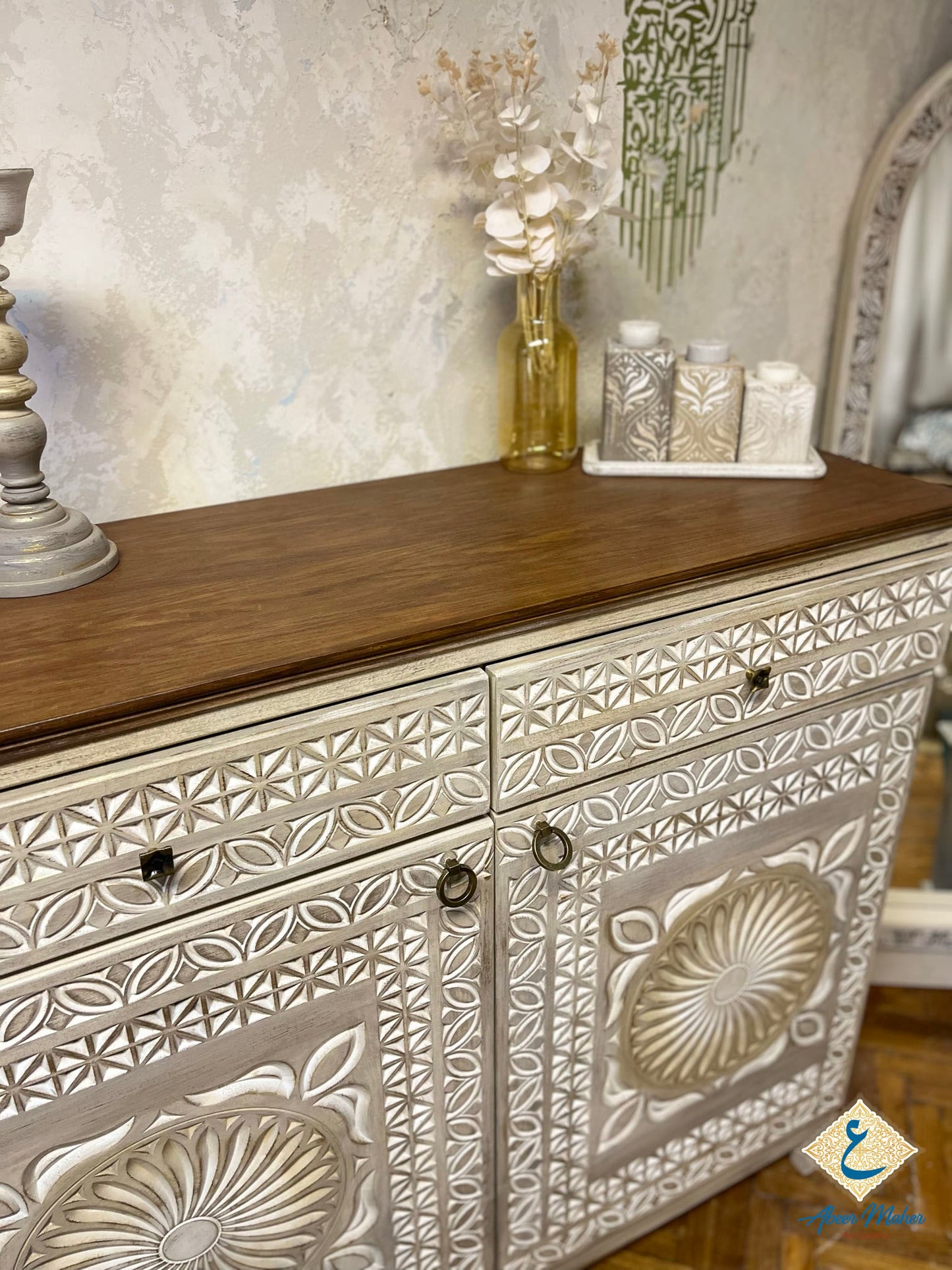 Multi-Purpose Storage Cabinet with Elegant Carved Details