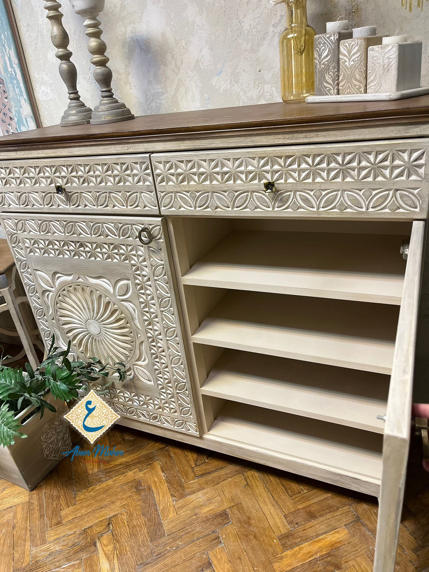 Multi-Purpose Storage Cabinet with Elegant Carved Details