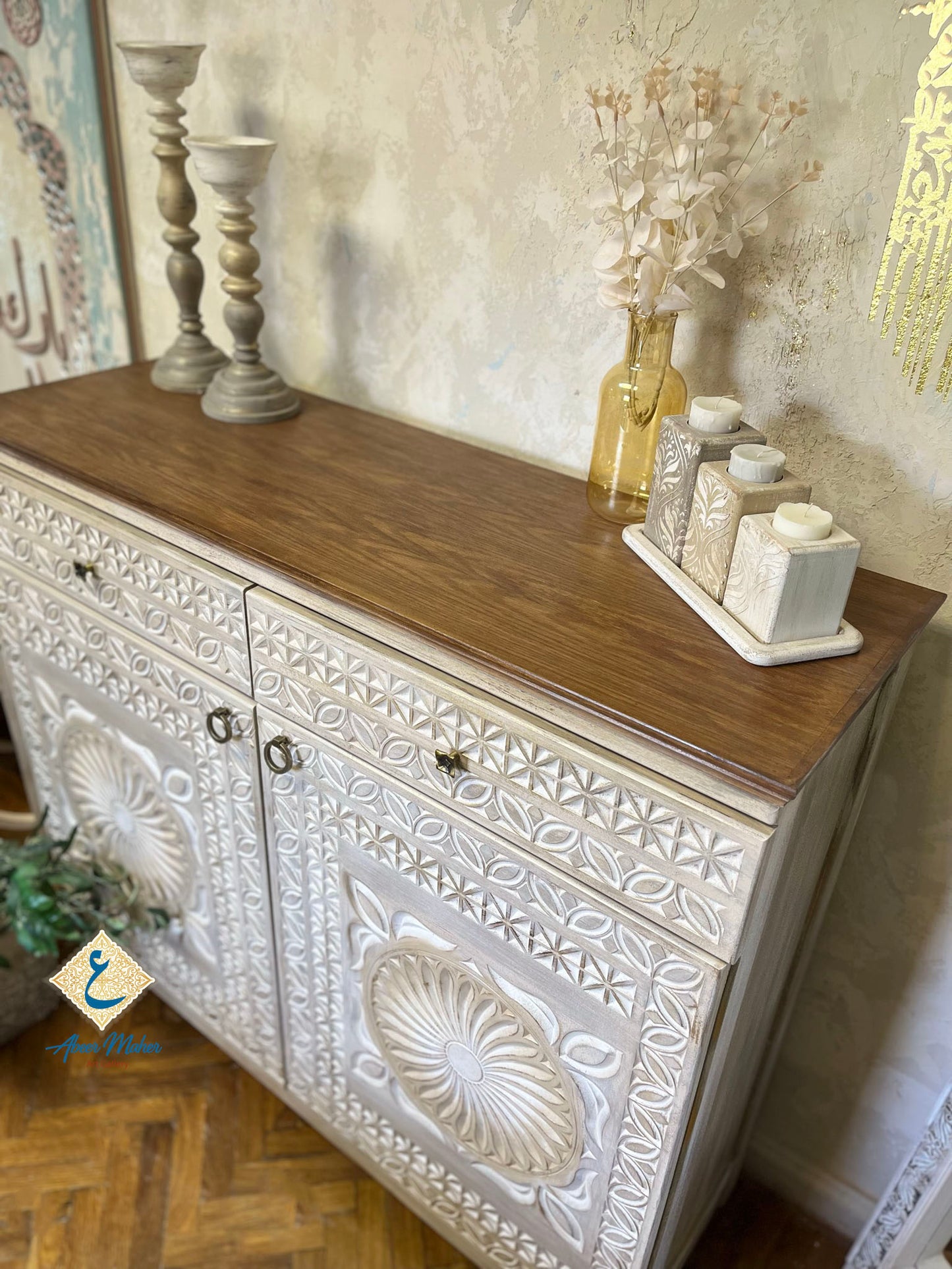 Multi-Purpose Storage Cabinet with Elegant Carved Details