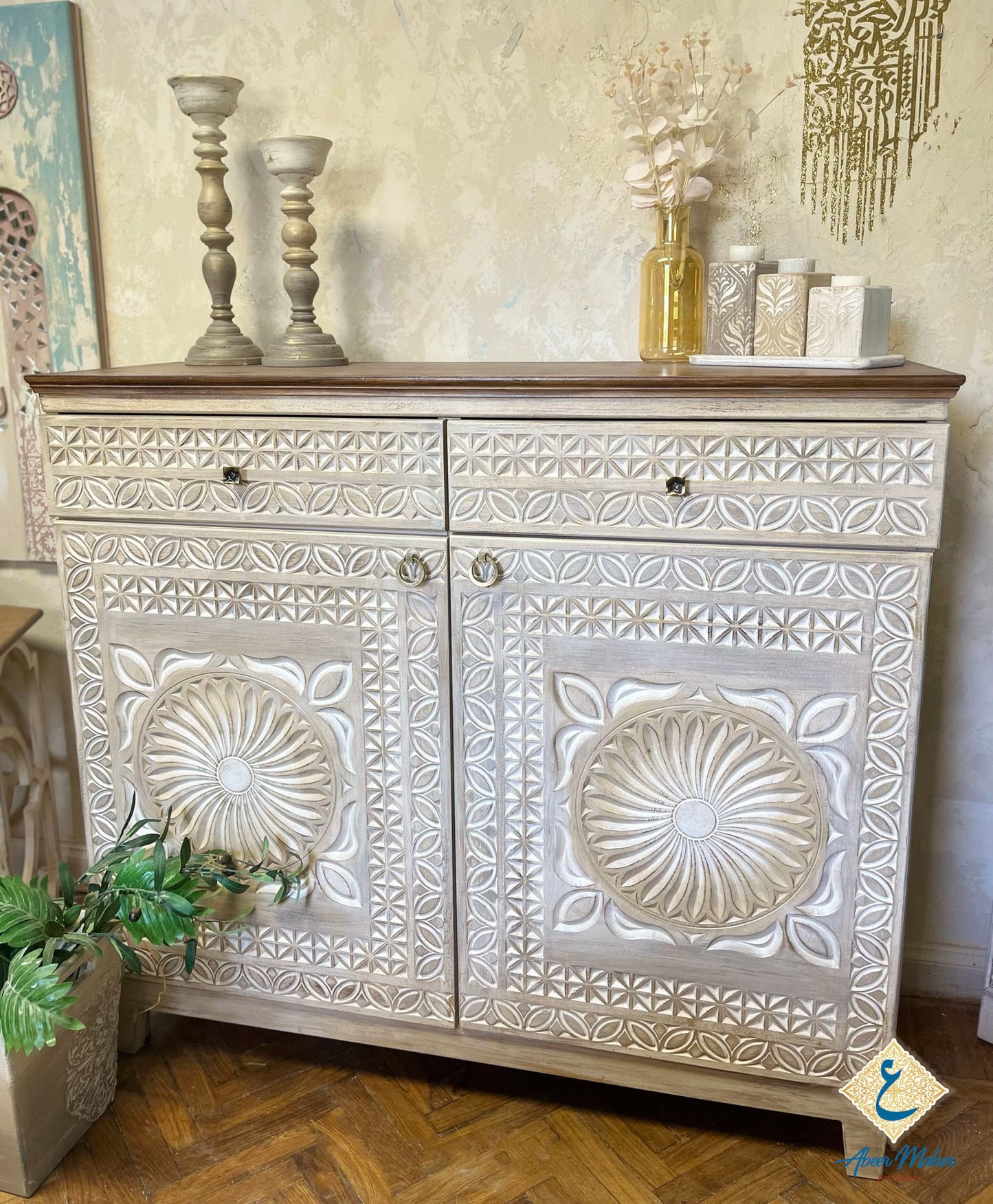Multi-Purpose Storage Cabinet with Elegant Carved Details