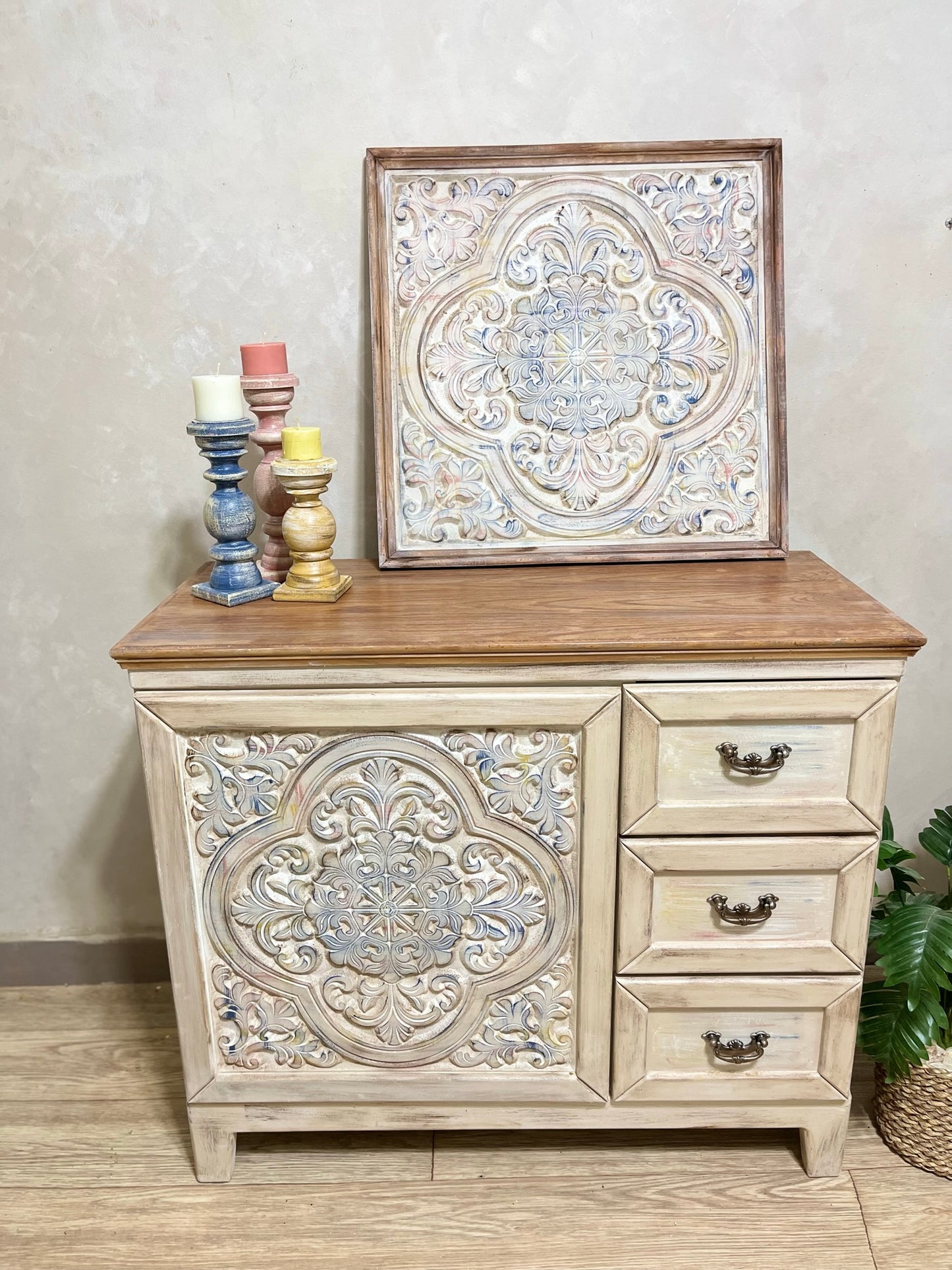 Multi-Purpose Cabinet with Decorative Wall Art