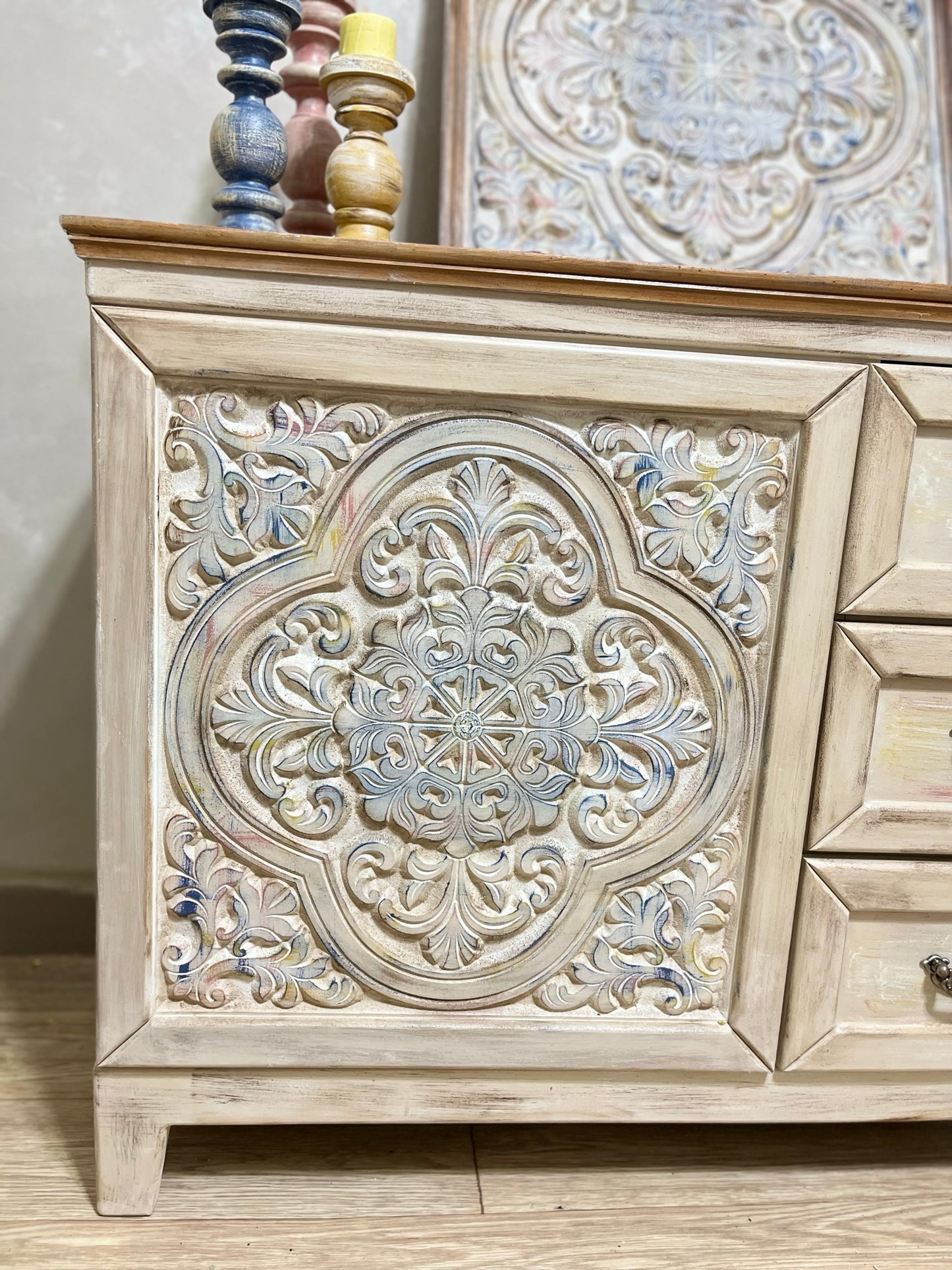 Multi-Purpose Cabinet with Decorative Wall Art