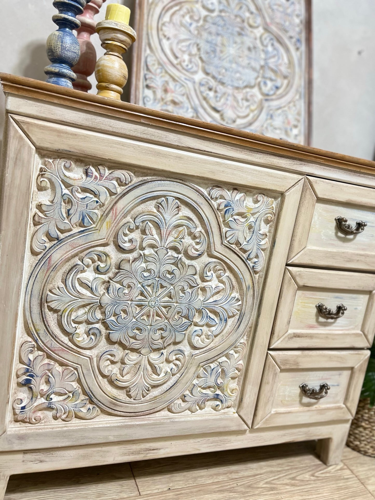 Multi-Purpose Cabinet with Decorative Wall Art