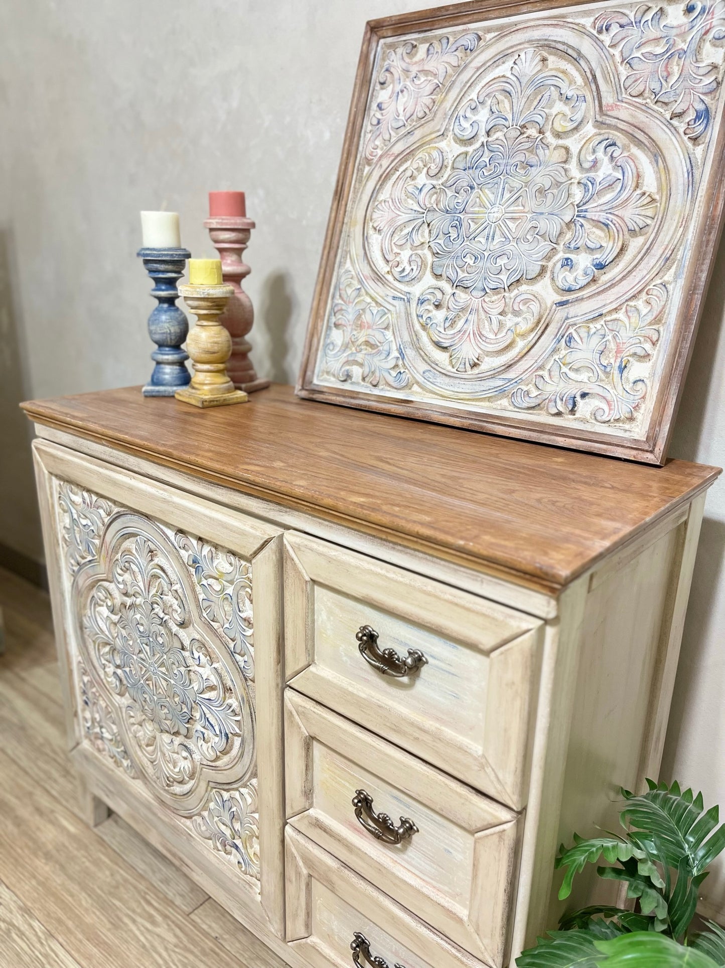 Multi-Purpose Cabinet with Decorative Wall Art
