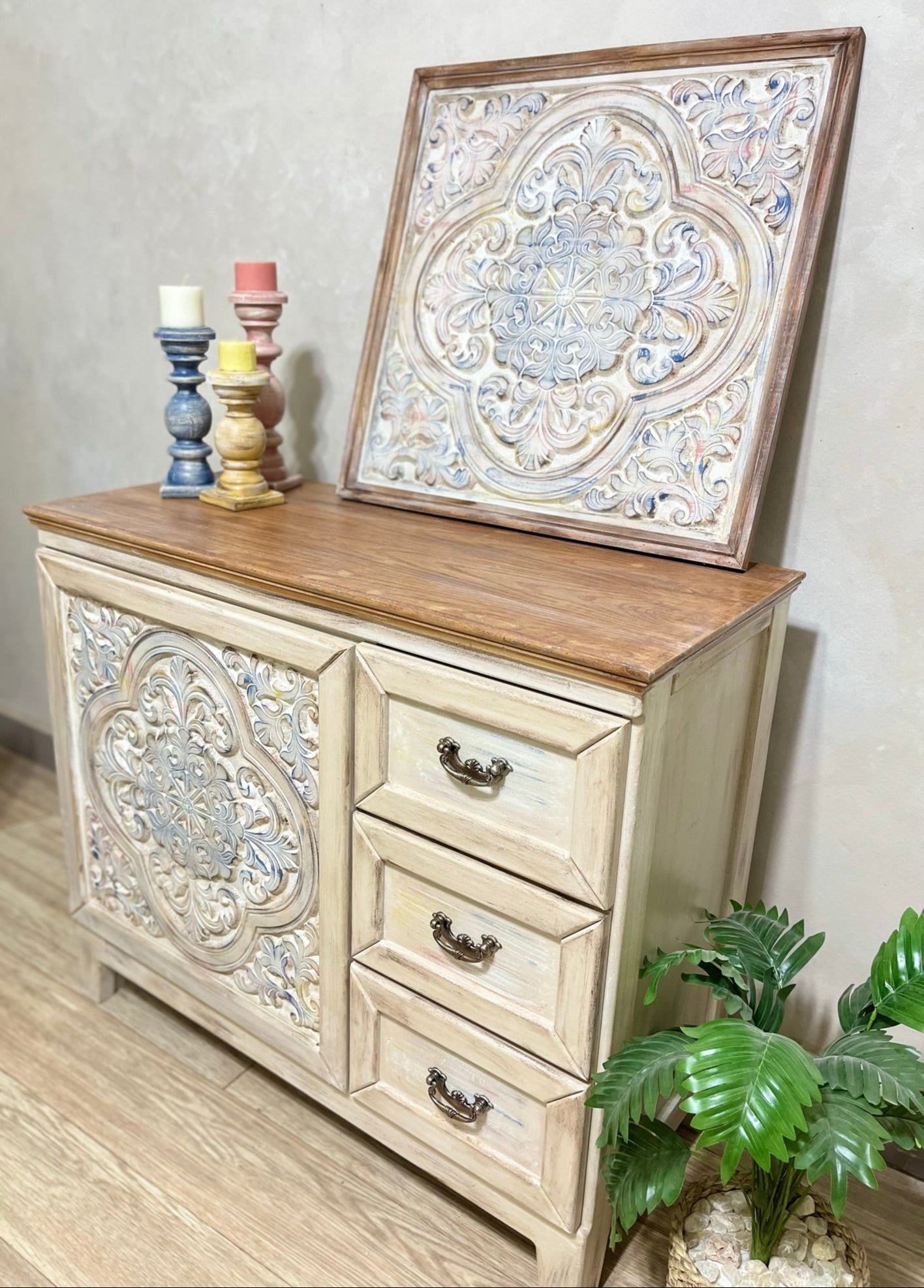 Multi-Purpose Cabinet with Decorative Wall Art