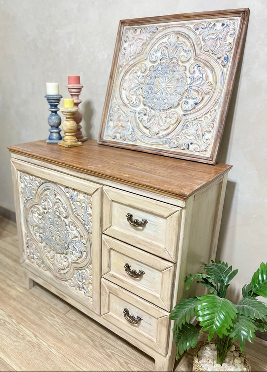 Multi-Purpose Cabinet with Decorative Wall Art
