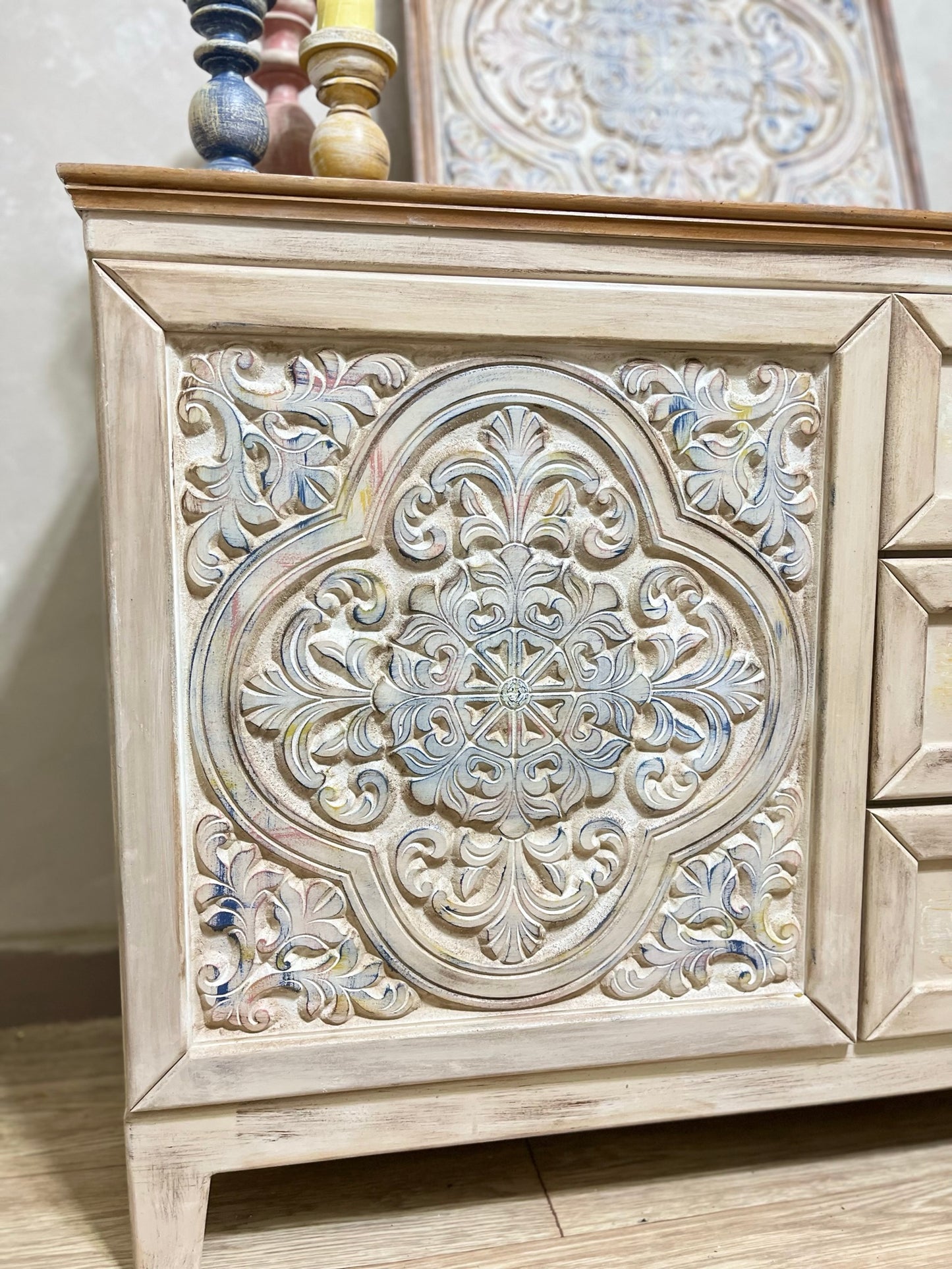 Multi-Purpose Cabinet with Decorative Wall Art