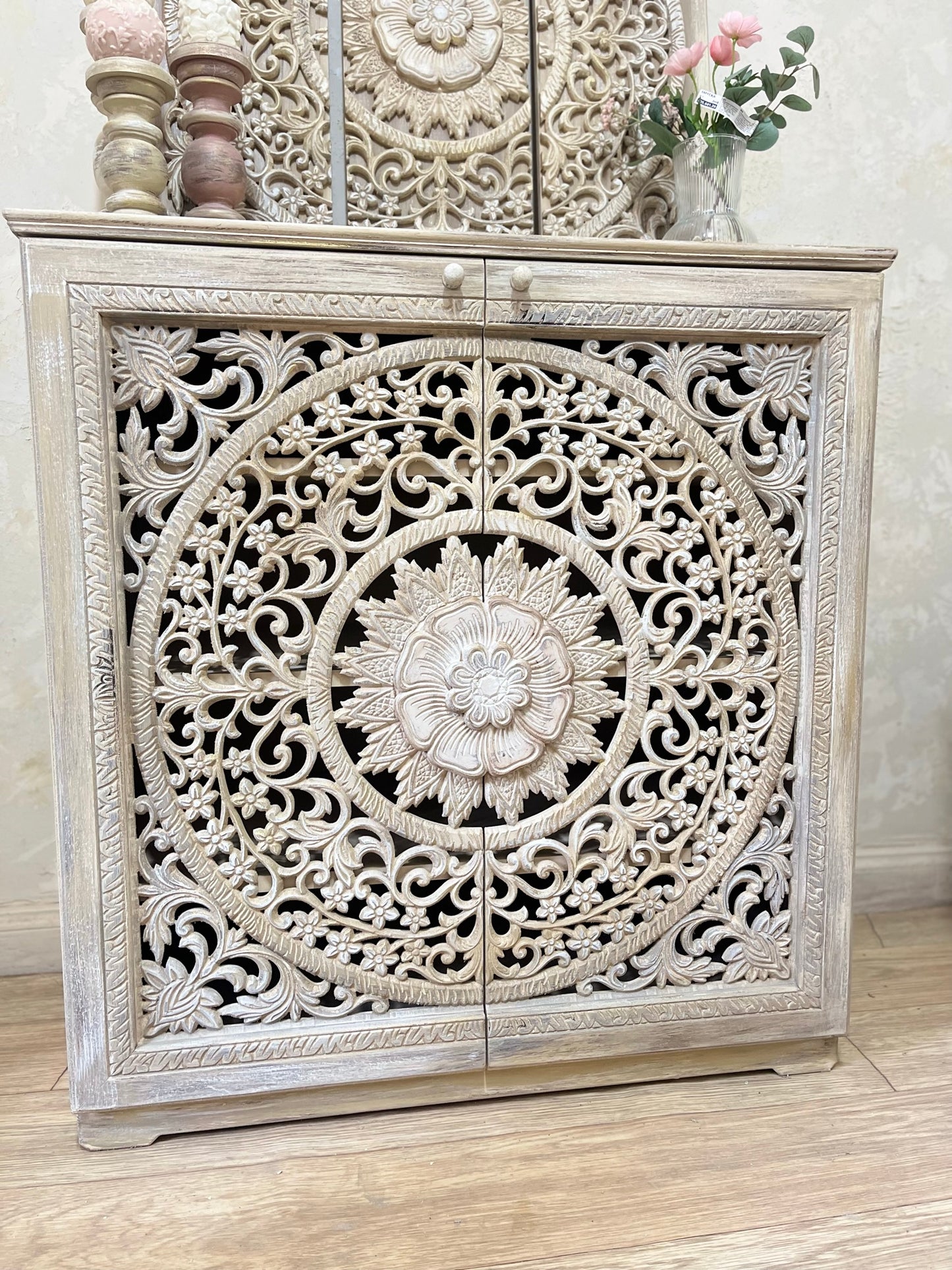 Shoe Cabinet / Console with Artistic Floral Carving