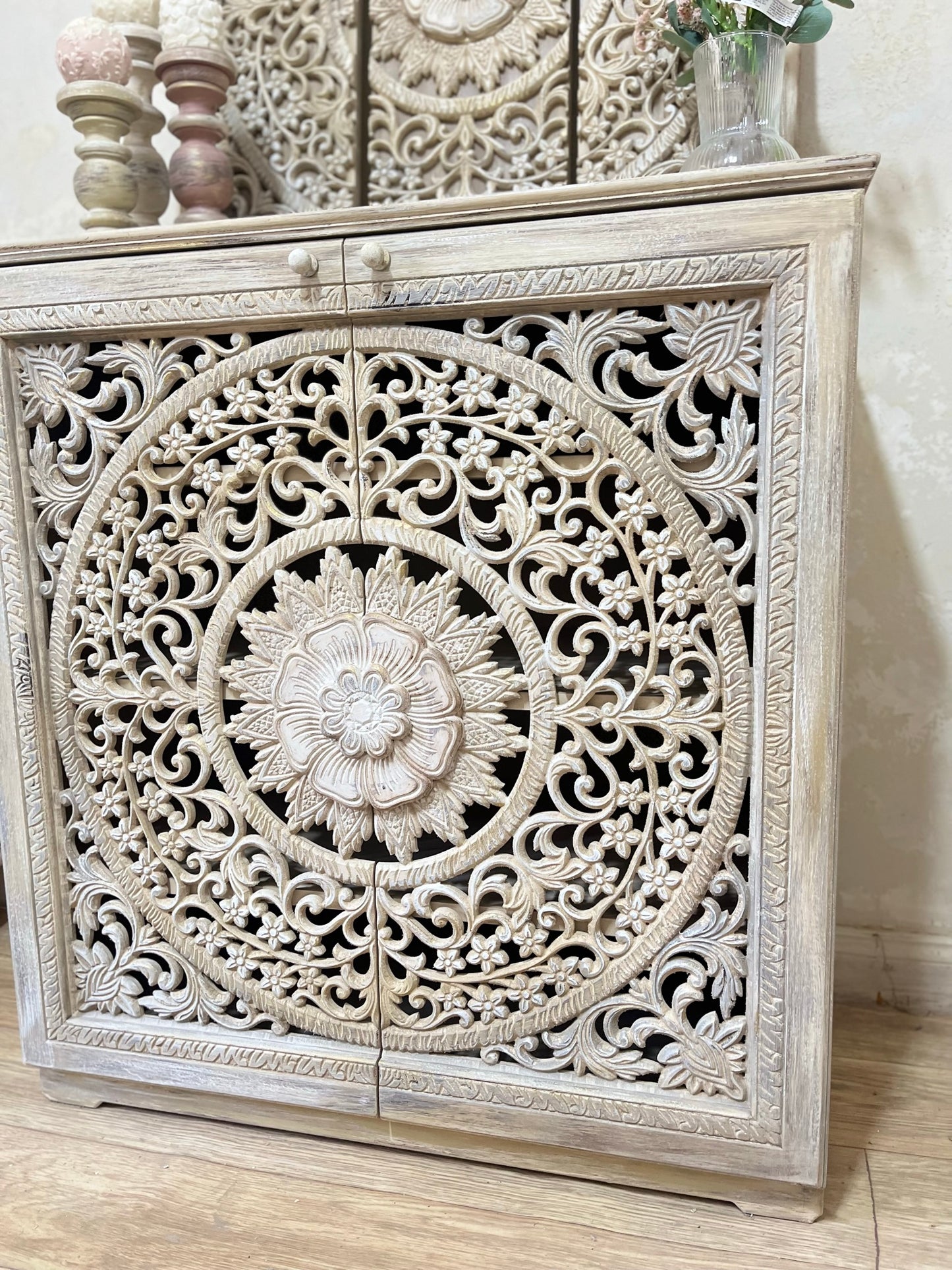 Shoe Cabinet / Console with Artistic Floral Carving