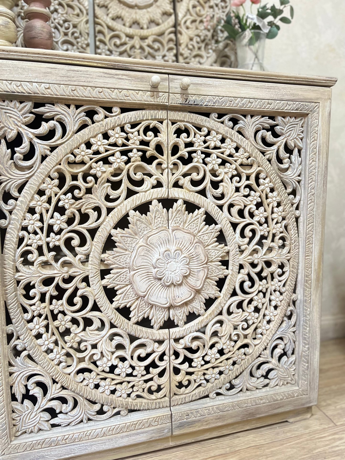 Shoe Cabinet / Console with Artistic Floral Carving