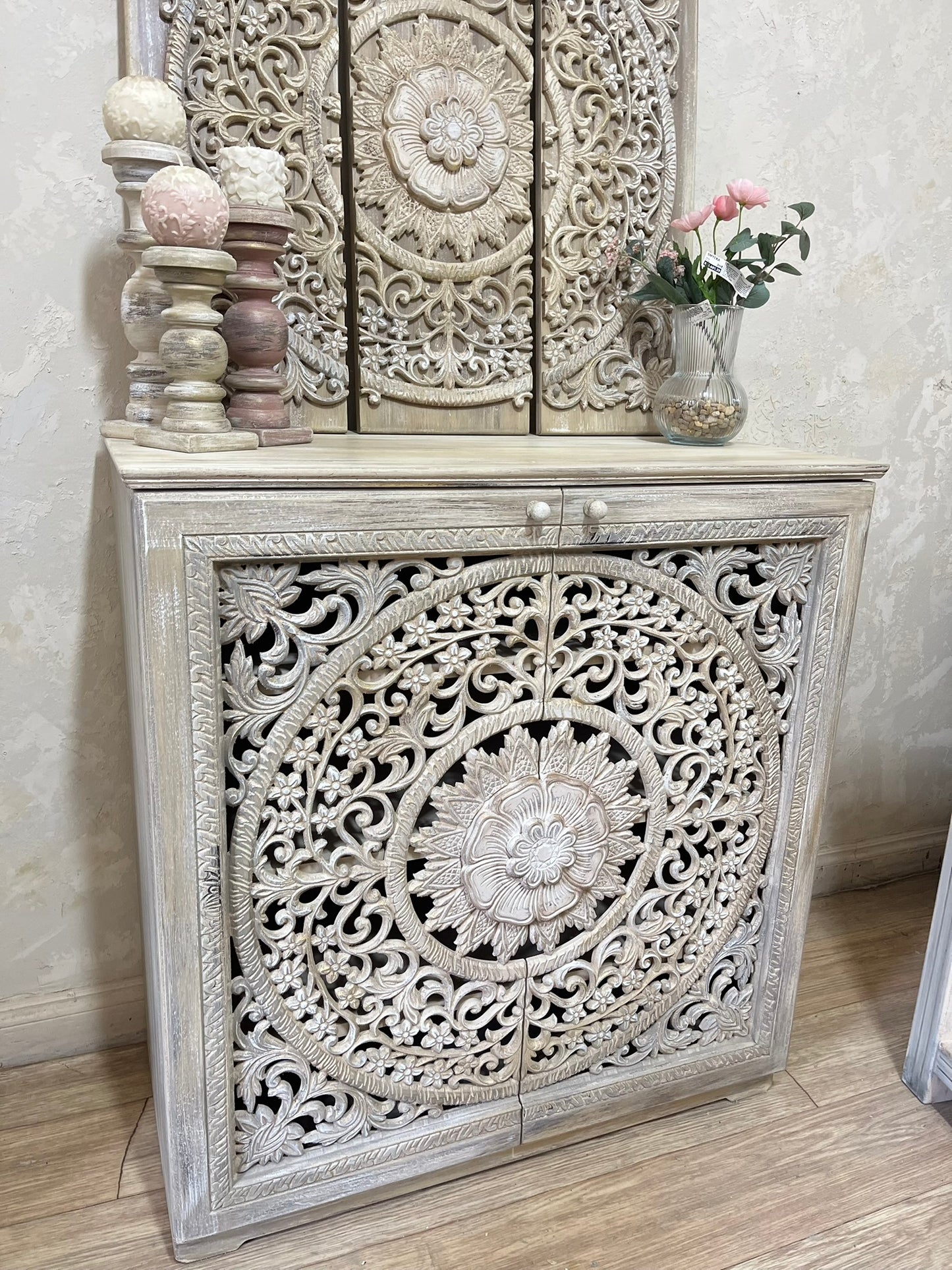 Shoe Cabinet / Console with Artistic Floral Carving