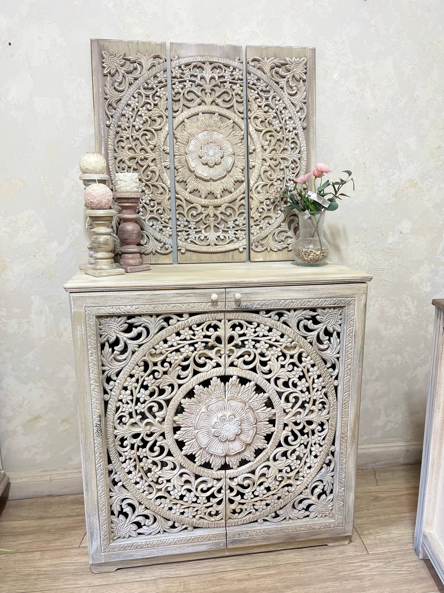 Shoe Cabinet / Console with Artistic Floral Carving