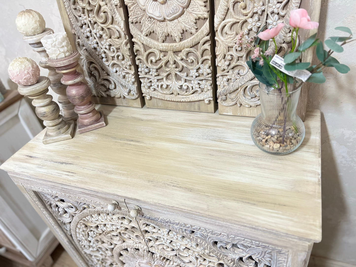 Shoe Cabinet / Console with Artistic Floral Carving