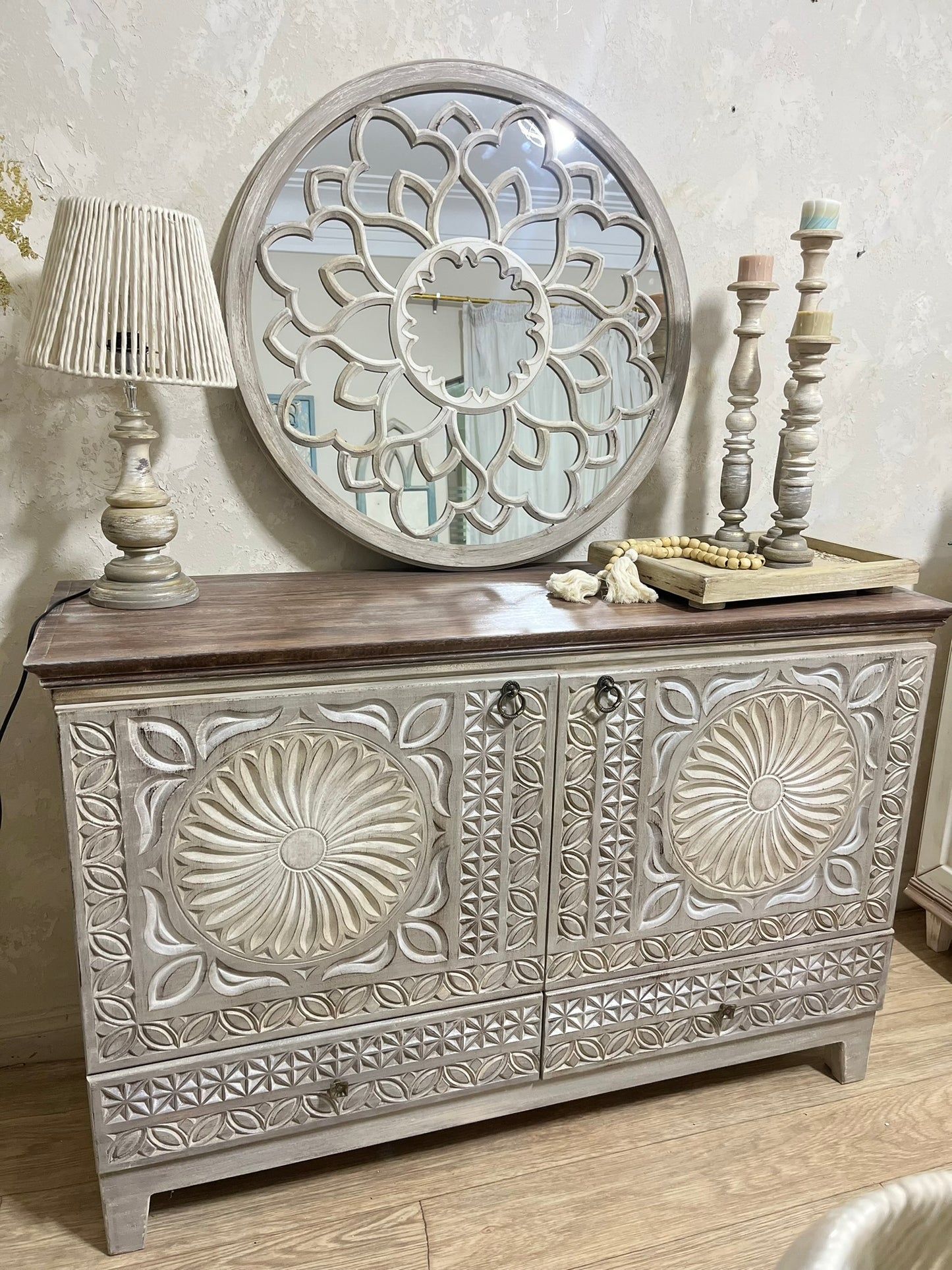 Elegant Storage Cabinet with Ornamental Details &amp; Spacious Interior