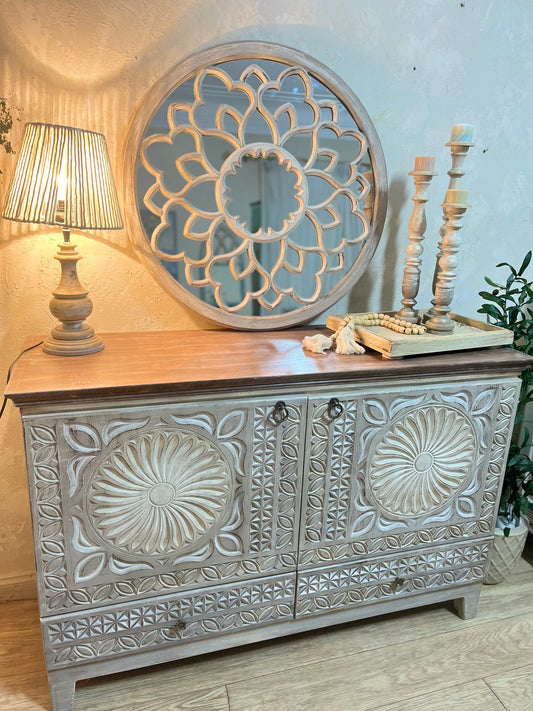 Elegant Storage Cabinet with Ornamental Details &amp; Spacious Interior