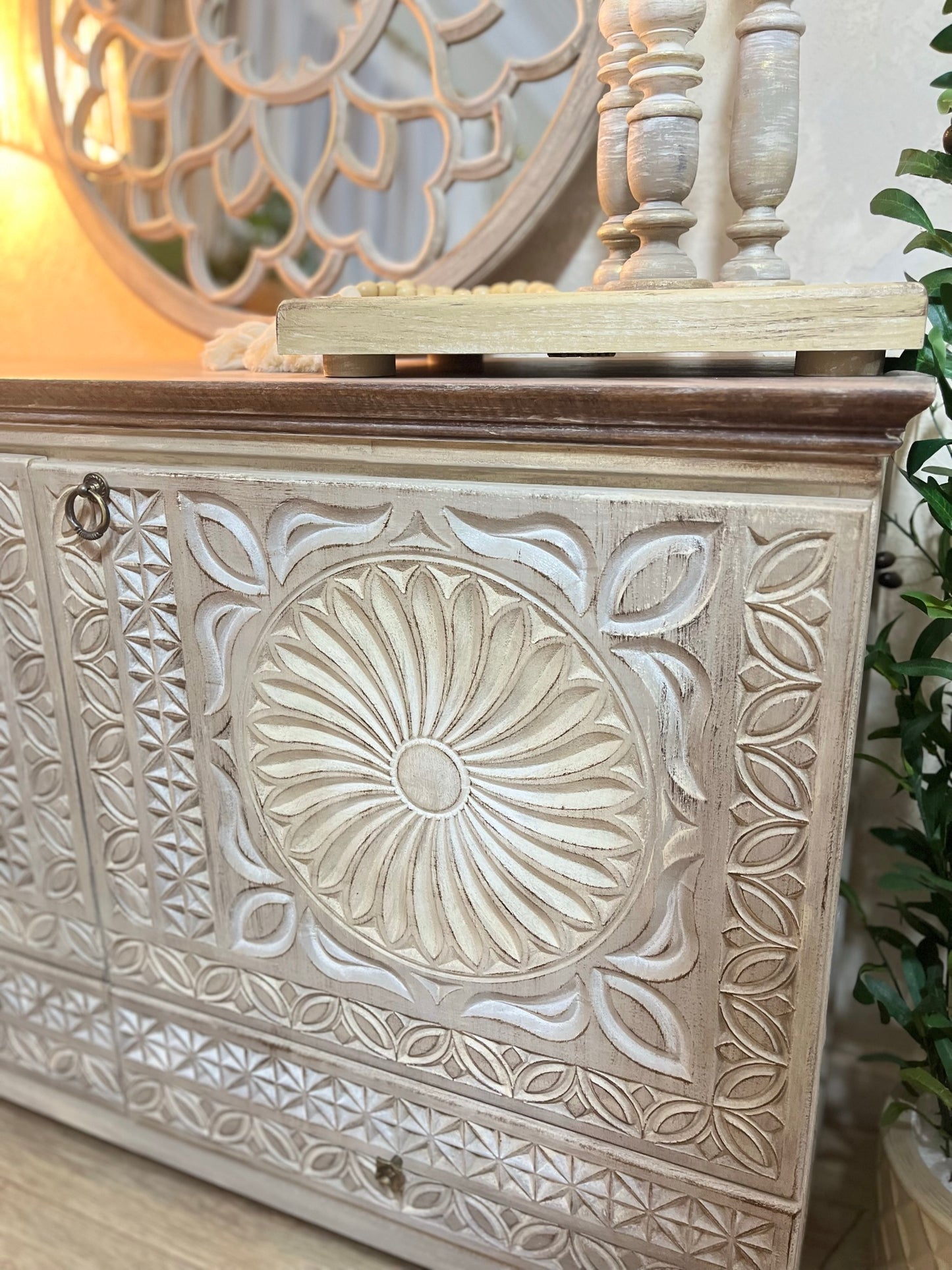Elegant Storage Cabinet with Ornamental Details &amp; Spacious Interior