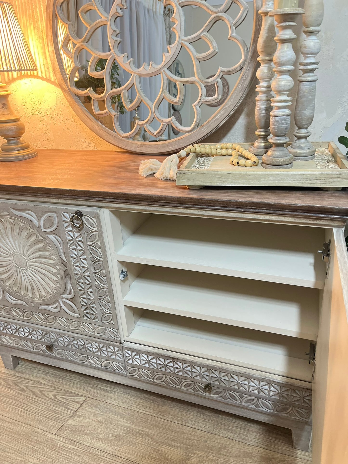 Elegant Storage Cabinet with Ornamental Details &amp; Spacious Interior