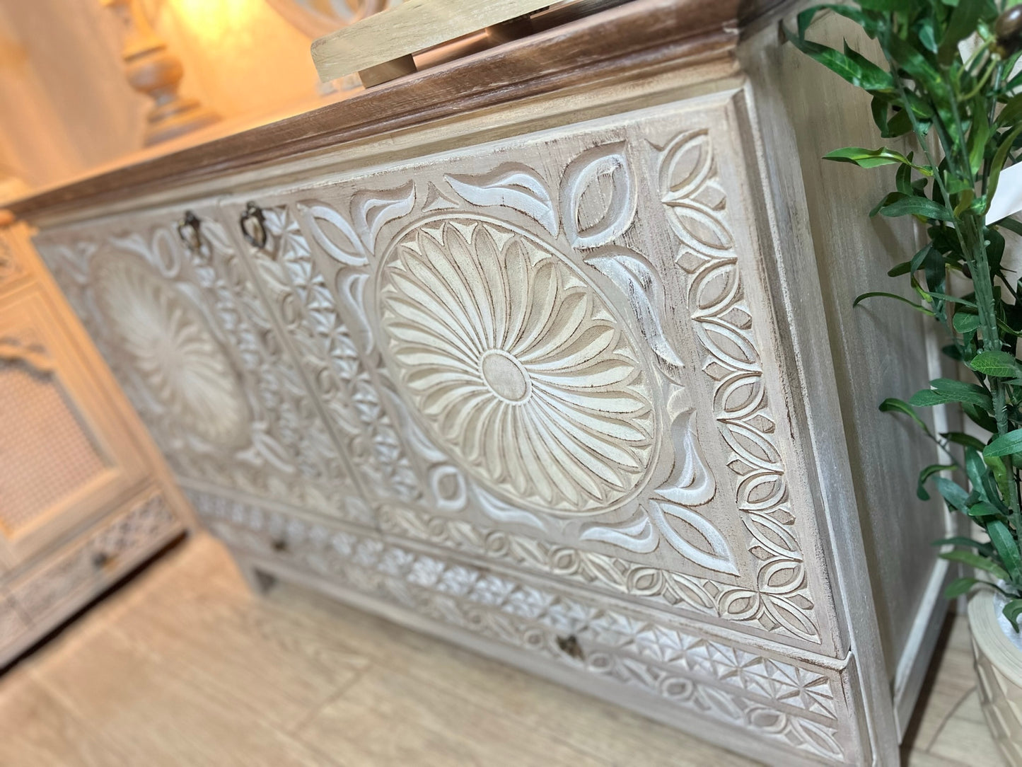 Elegant Storage Cabinet with Ornamental Details &amp; Spacious Interior