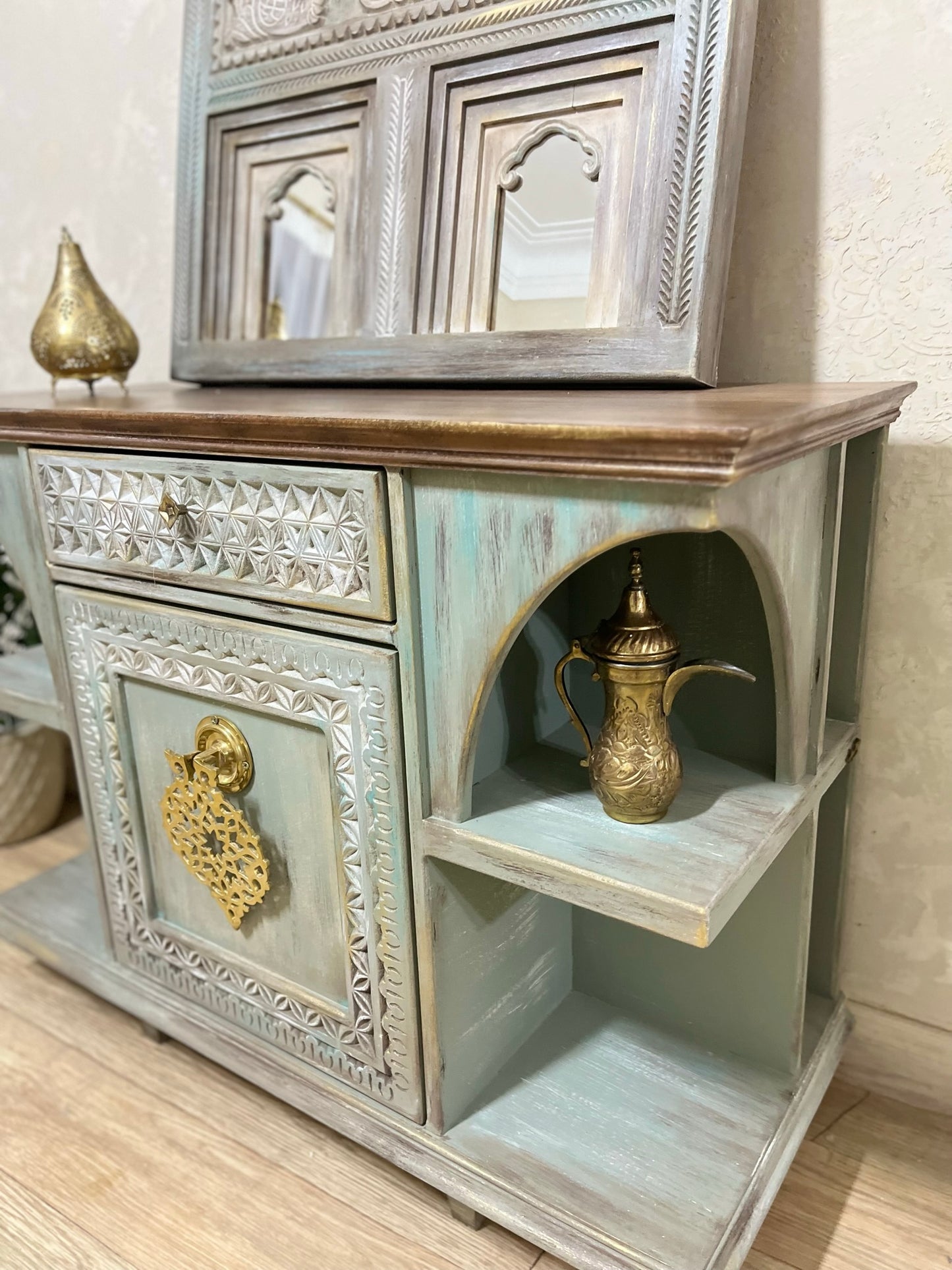 Elegant Console with Brass Accent and Oriental Charm