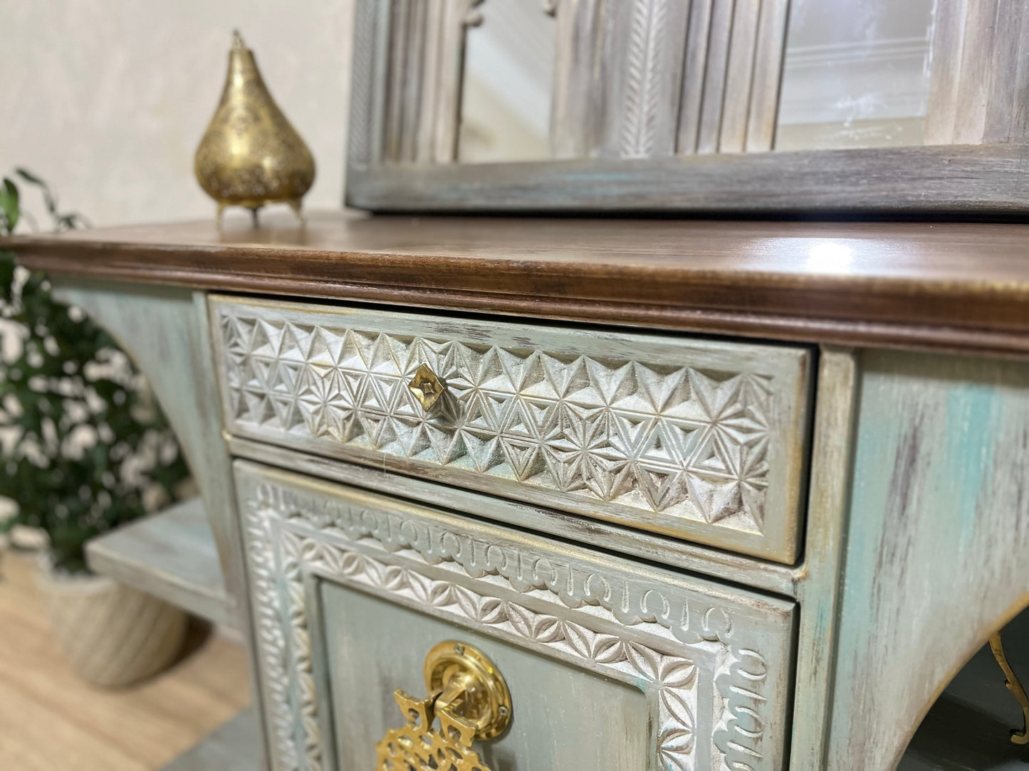 Elegant Console with Brass Accent and Oriental Charm