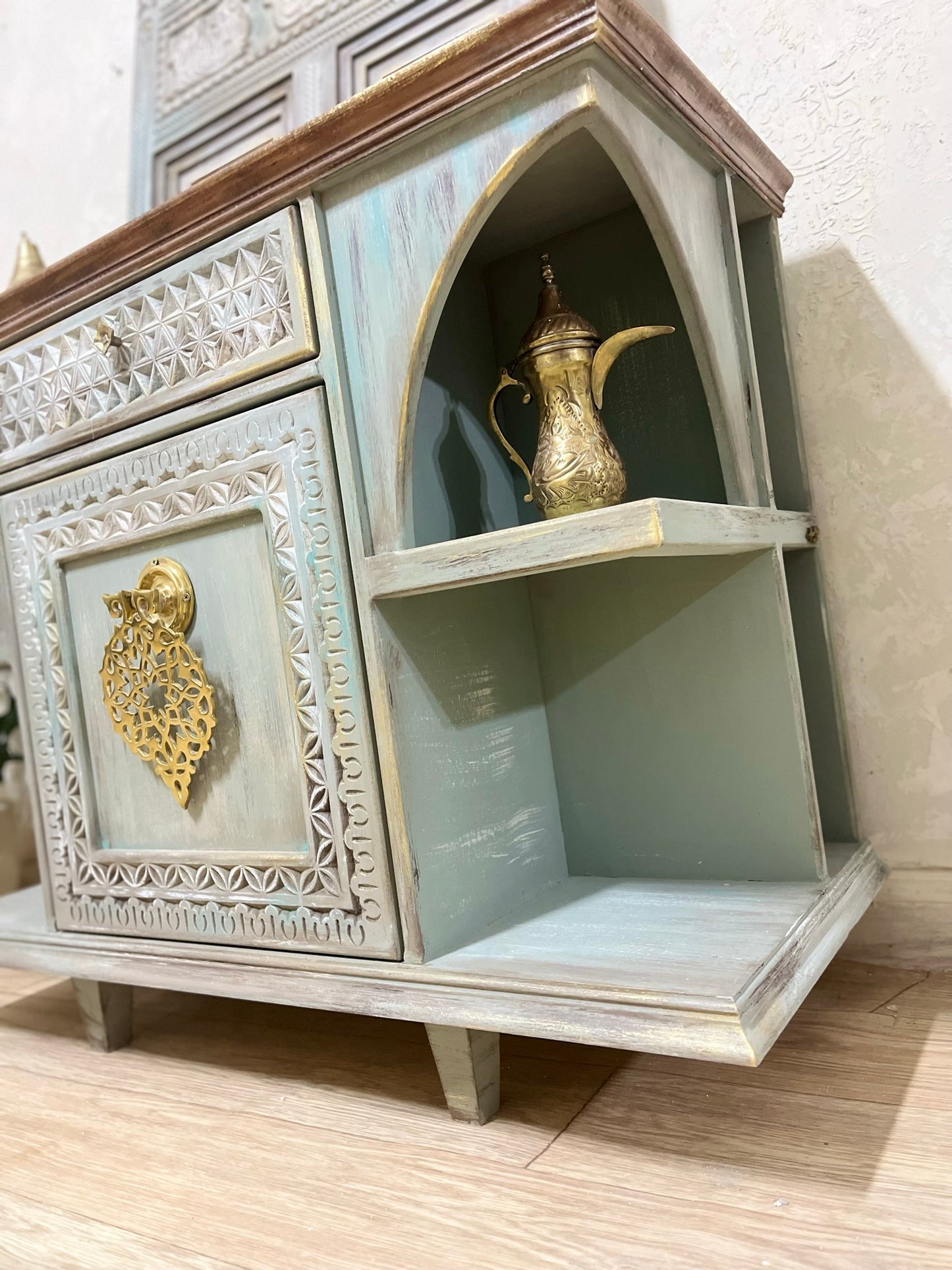 Elegant Console with Brass Accent and Oriental Charm
