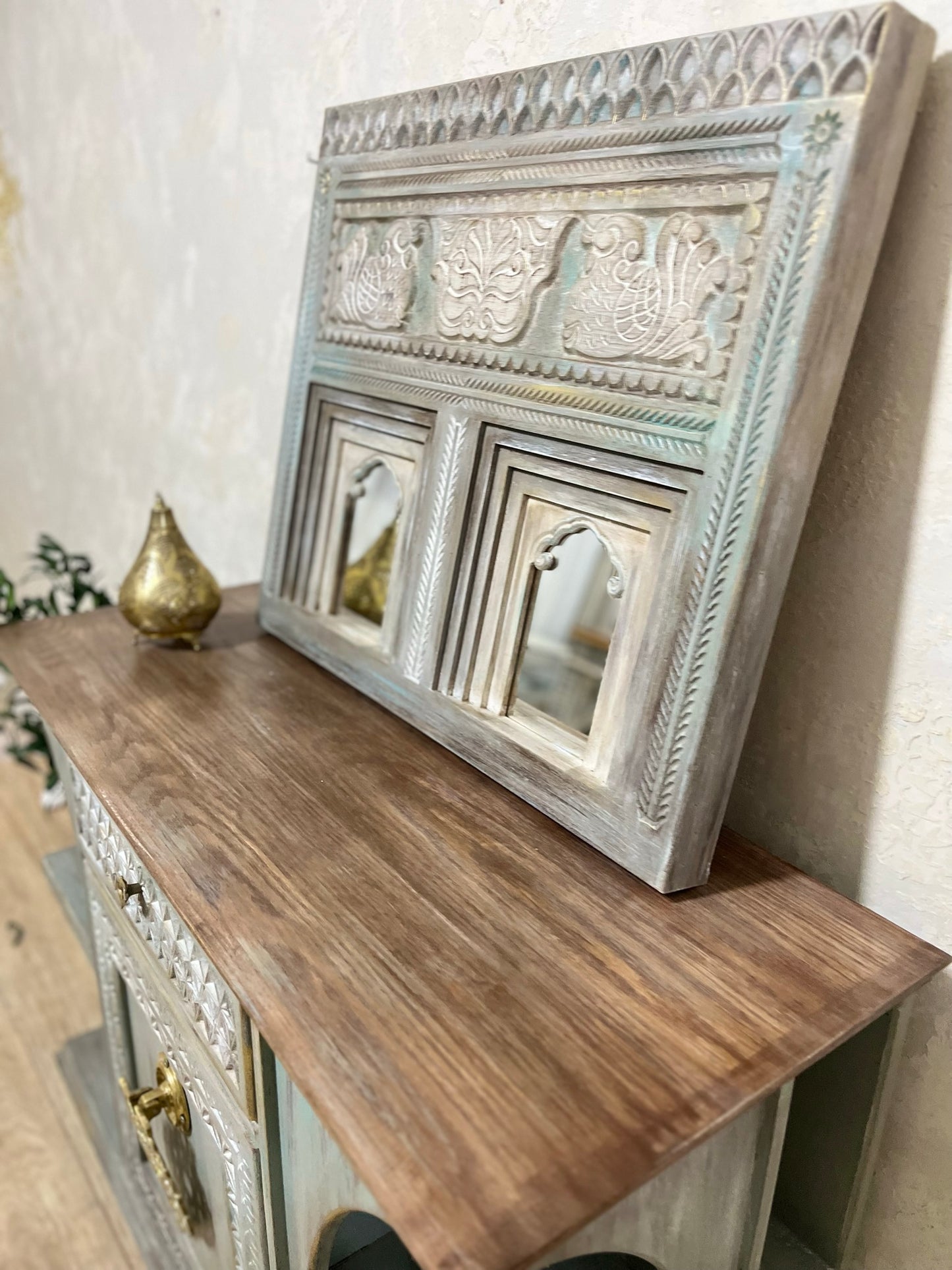 Elegant Console with Brass Accent and Oriental Charm