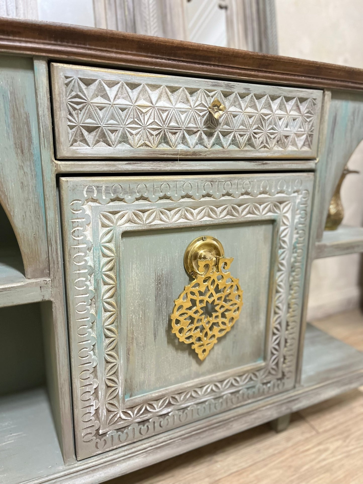 Elegant Console with Brass Accent and Oriental Charm