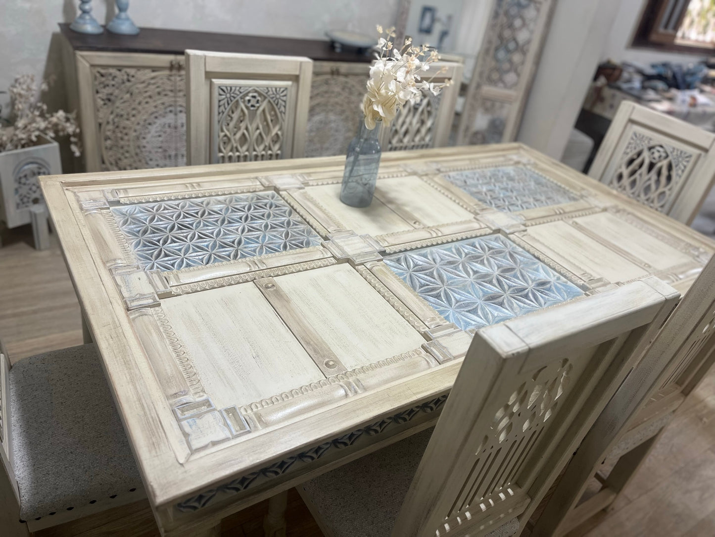 Elegant Dining Table Set with 6 Chairs and Decorative Details
