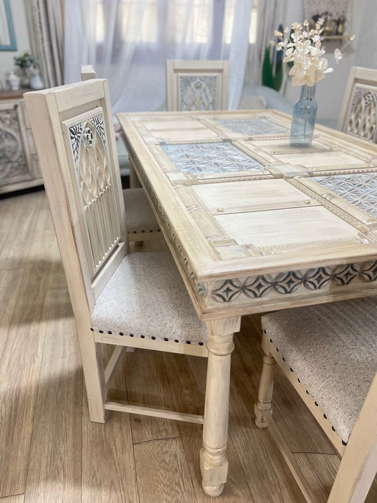 Elegant Dining Table Set with 6 Chairs and Decorative Details
