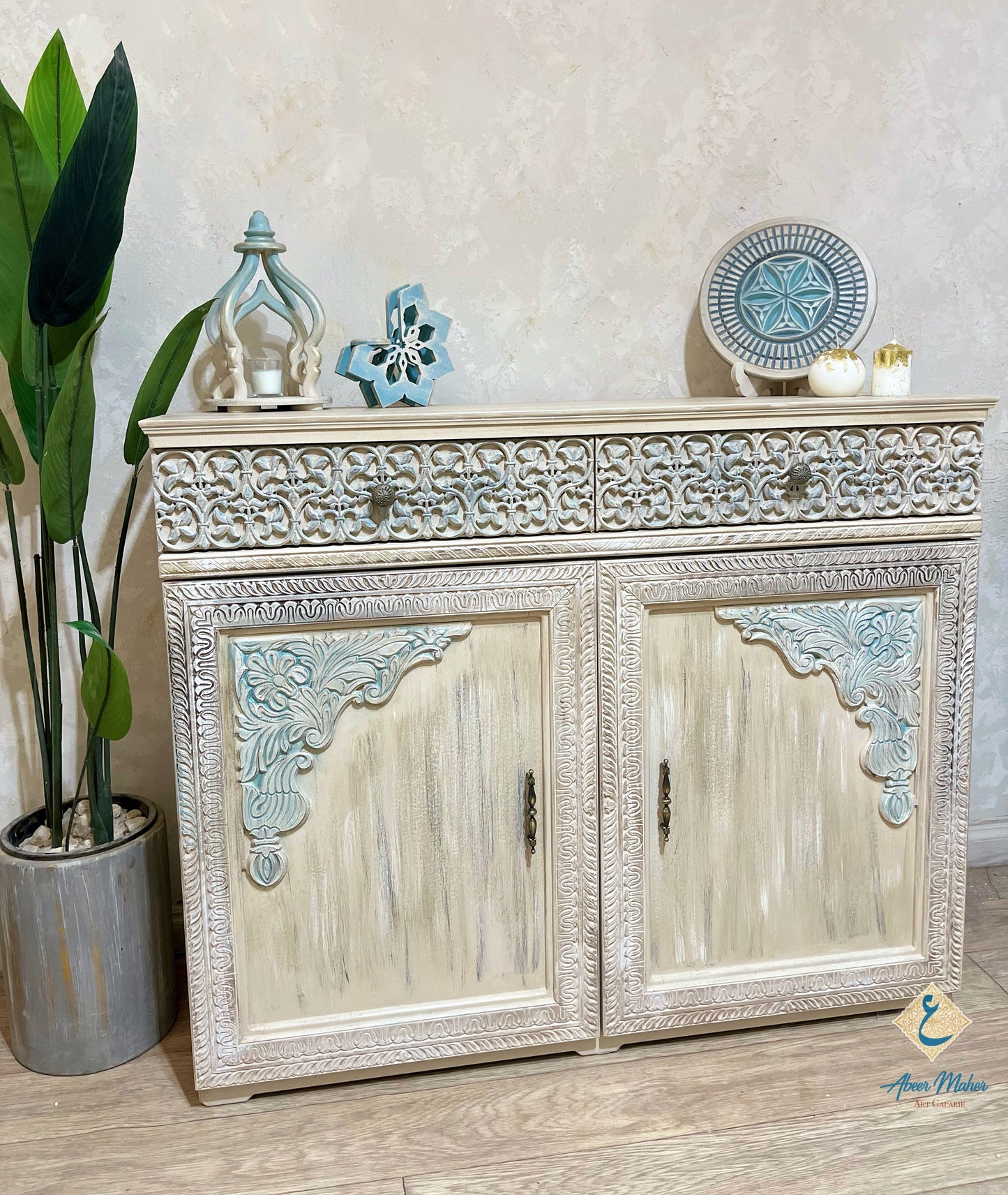 Multi-Purpose Cabinet with Decorative Wall Art